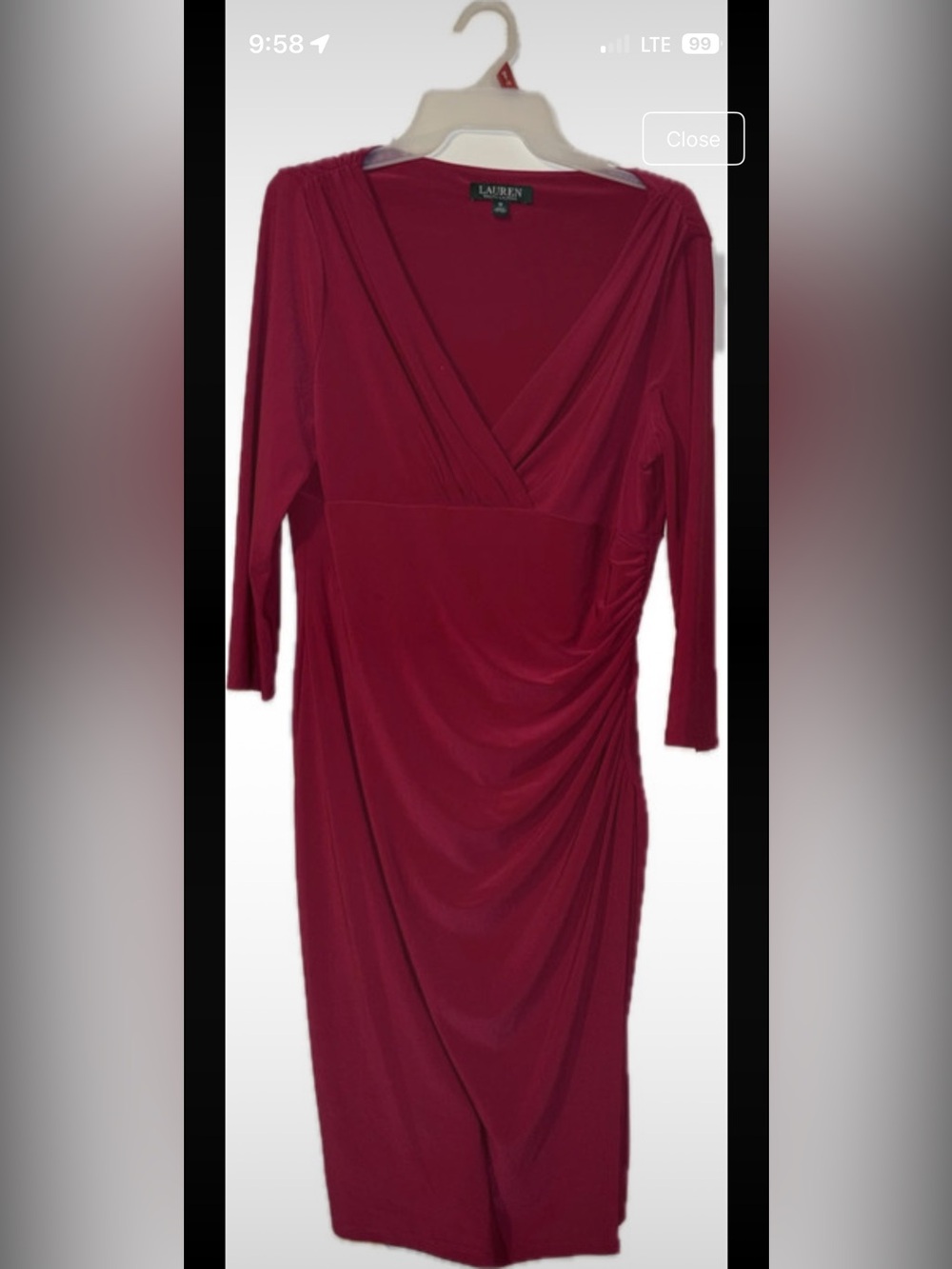 Lauren Ralph Lauren Burgundy Long-Sleeve Faux-Wrap Ruched Dress